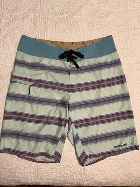 Patagonia Men’s Blue Striped Board Shorts, Size 30